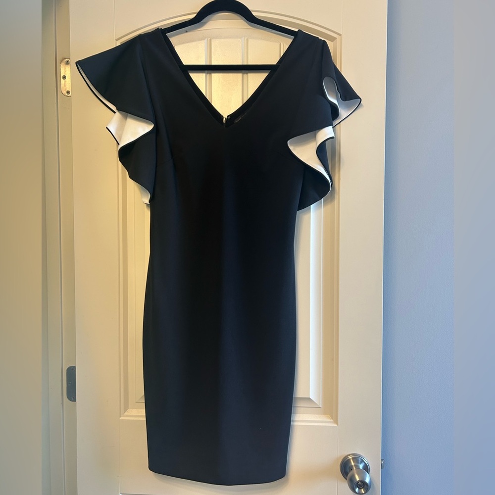 NWT White House Black Market Black Cocktail Dress with White Trim Ruffle Sleeves
